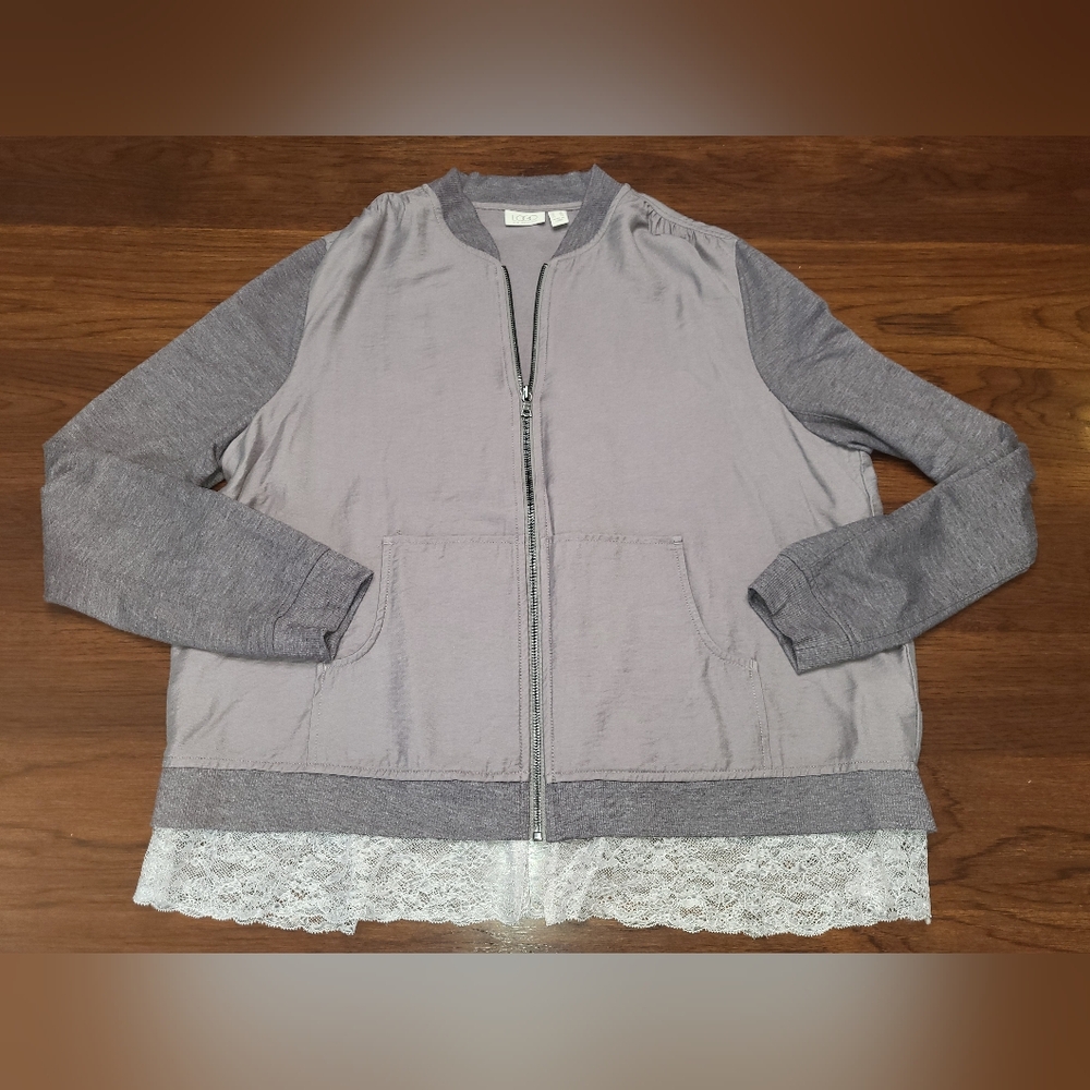 LOGO Lori Goldstein Women's Size 16 Purple Lightweight Bomber Lace Trim Jacket